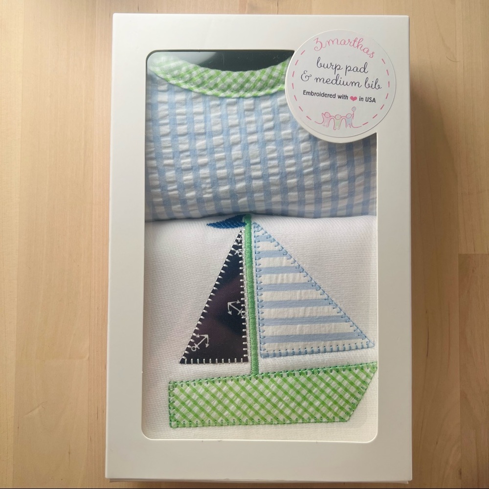 3 Marthas Brand Sailboat Motif Burp Pad & Bib Baby Gift Set